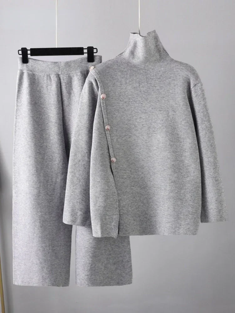 

Женский комплект широких брюк, пуловер с высоким воротником, вязаный свитер, свободный повседневный модный комплект из 2 предметов, осенне-зимний наряд