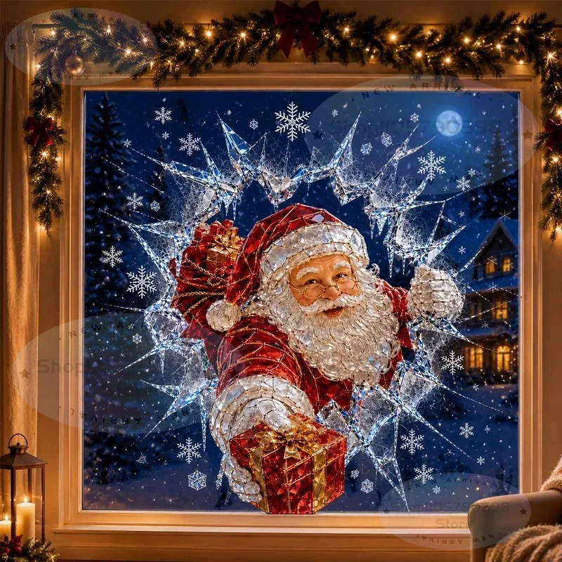 3D Glass Effect Window Sticker Static Cling Decal Multiple Christmas Character Patterns for Home Window Holiday Party Decor