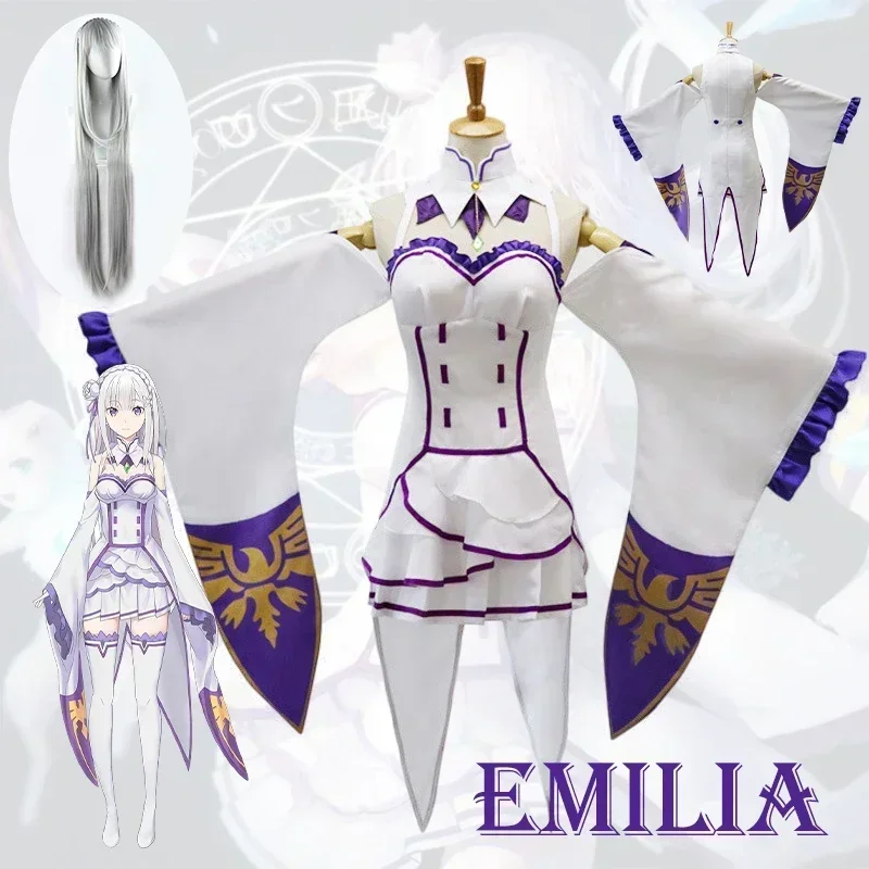 

Re Zero Kara Hajimeru Isekai Seikatsu Emilia Cosplay Costumes Women Dress with Headdress for Halloween Party