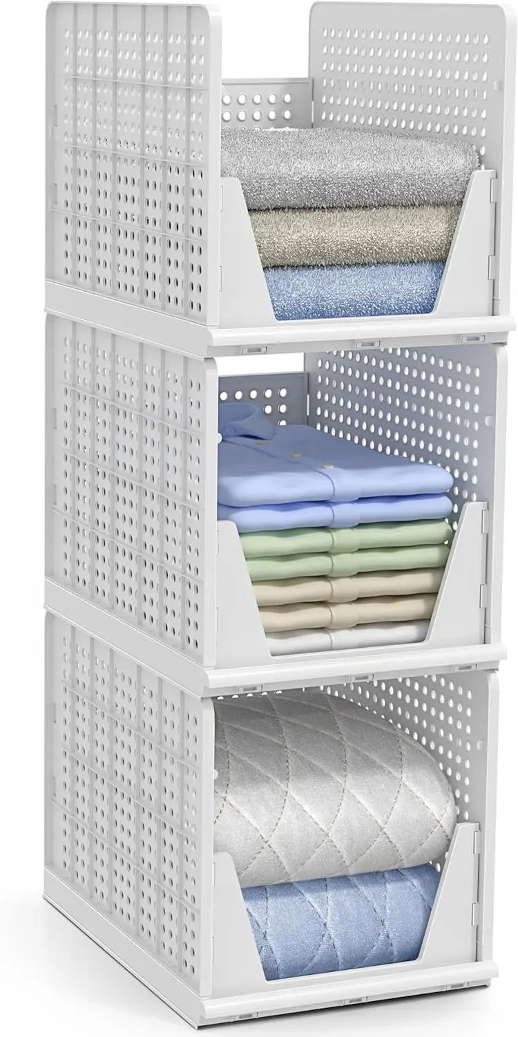 

Stackable Plastic Storage Baskets for Closet, Kitchen, Bathroom & Garage - Open Front Organizer