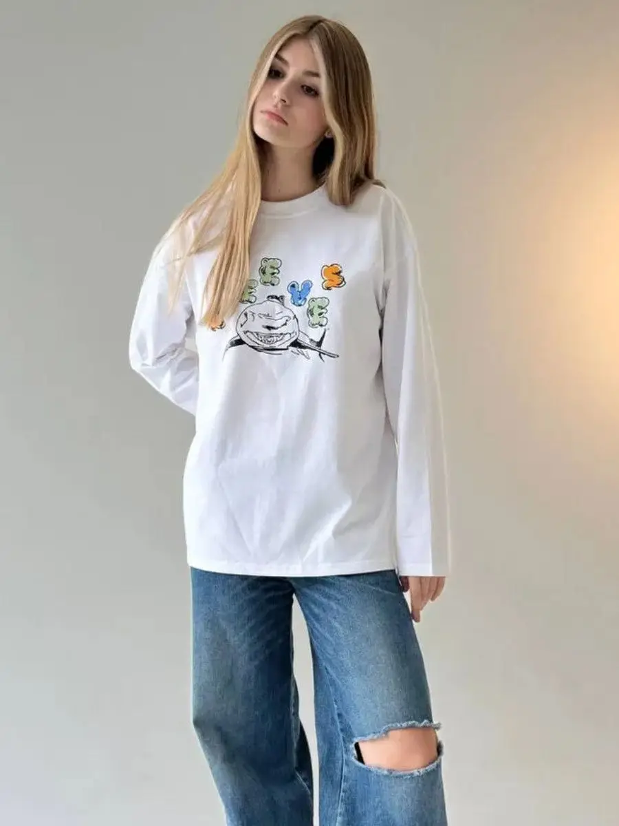 Koszulki z długim rękawem, cienkie bluzy, jesienne retro topy, temperamentne damskie koszulki z nadrukiem uroczego kreskówkowego hip-hopu, 100% bawełna, dla kobiet i dziewcząt.