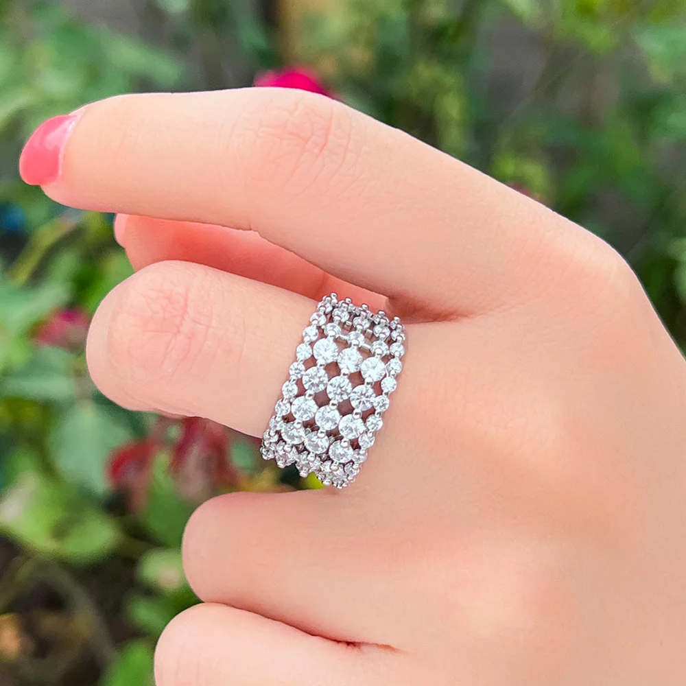 CWWZircons 5 Layers Round Cubic Zirconia Stone Paved Luxury Adjustable Tennis Rings Female Wedding Party Gift Accessories R274