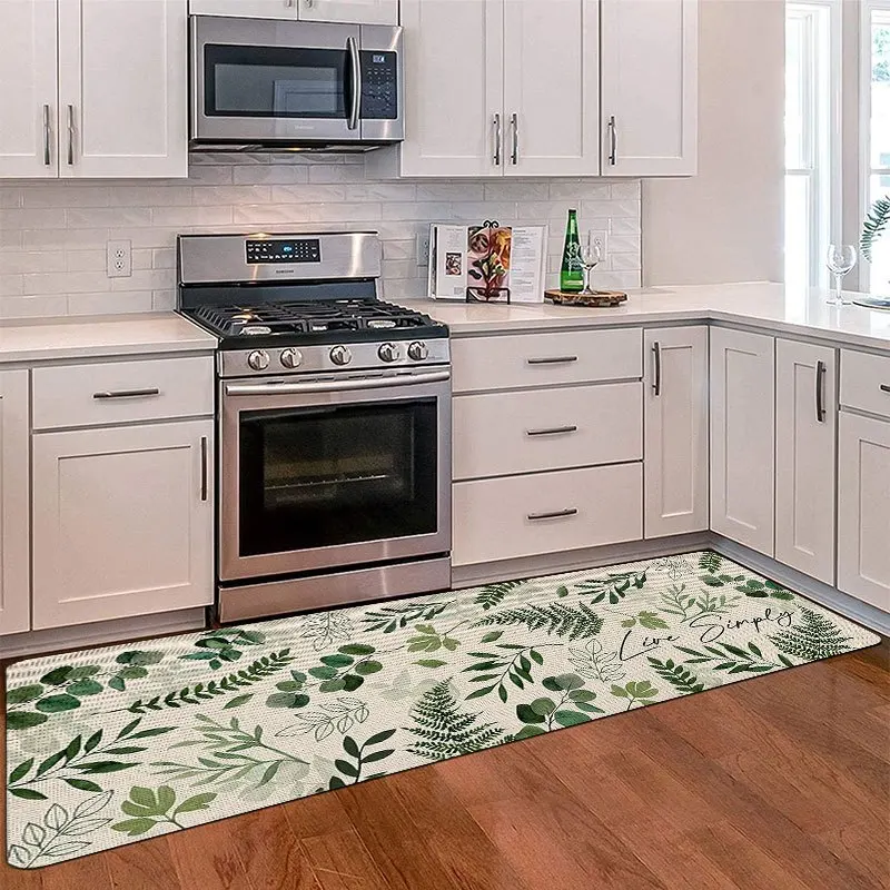 Minimal Botanical Kitchen Runner Mat Light Background Multi Shade Green Plant Leaf Live Simply Script Household Decor Long Rug