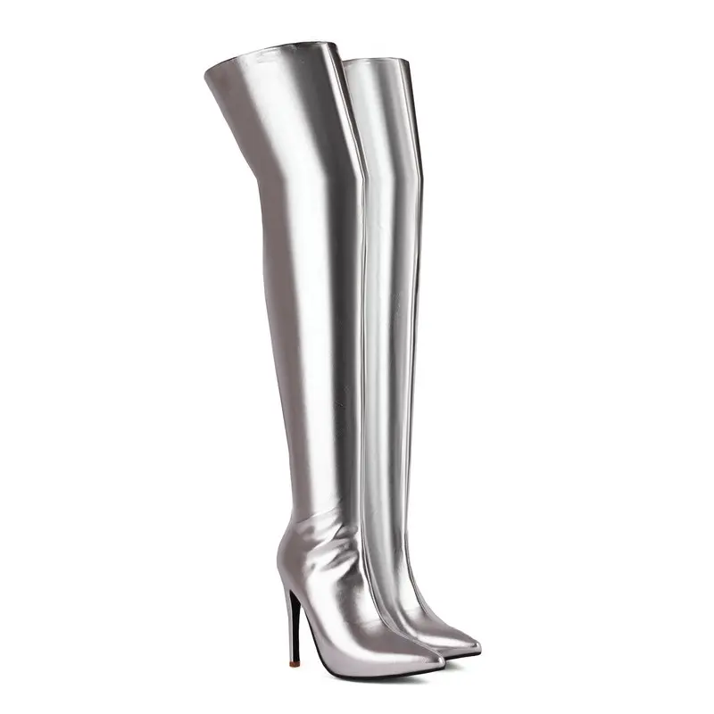 Big Size 46 47 Patent Leather Silver Gold Pointy Toe Overknees For Wide Calf Back Zipper Pointed Toe Thin High Heels Thigh Boots