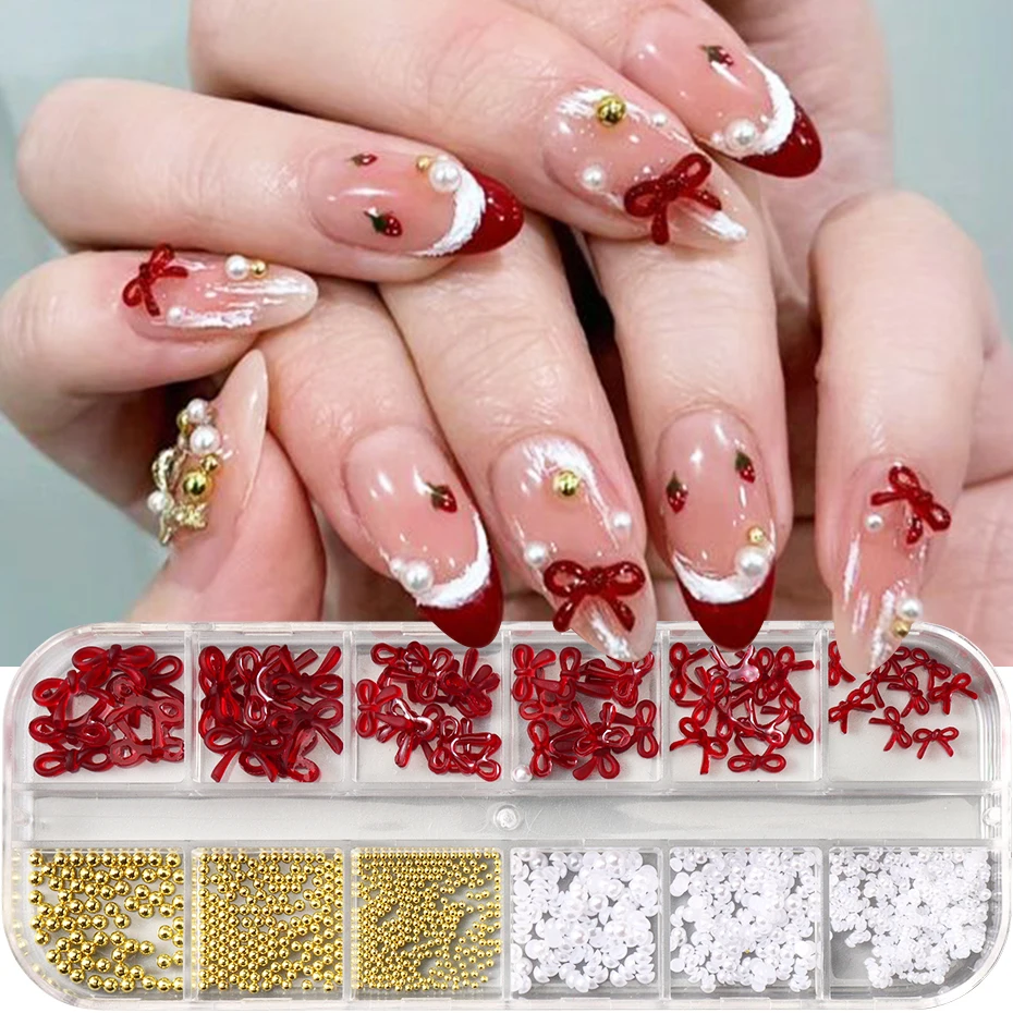 12 Grid Wine Red Bow Tie Charms Nail Art Decorations with Golden White Jewelry Wedding Nail Supplies Nail Art Decor Accessories