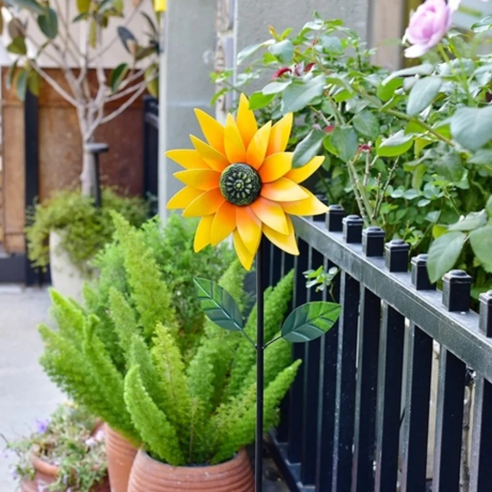 1pc Iron Sunflower Wind Spinner Metal Garden With Stake Silent Rotating Flower Pinwheel For Outdoor Yard Decoration