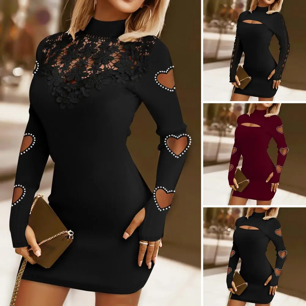 

Women Slim Fit Dress Elegant Lace Sheath Mini Dress with Flower Cutout Heart Detail for Women Half-high Collar Elastic for Any