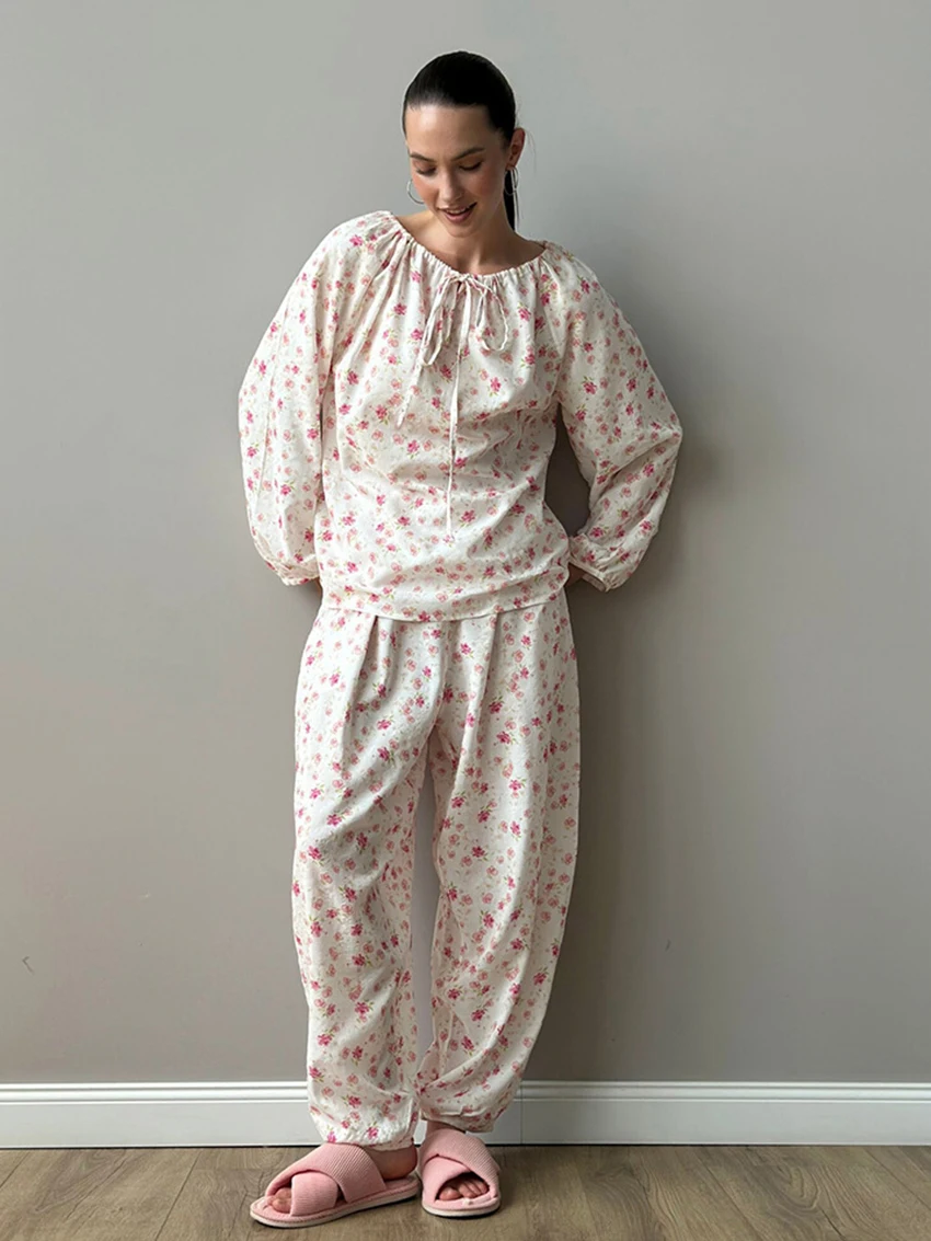 Marthaqiqi Printing Women'S Sleepwear Set Slash Neck Pajamas Long Sleeve Nightie Lace Up Nightwear Pants Casual Nightgowns Suit