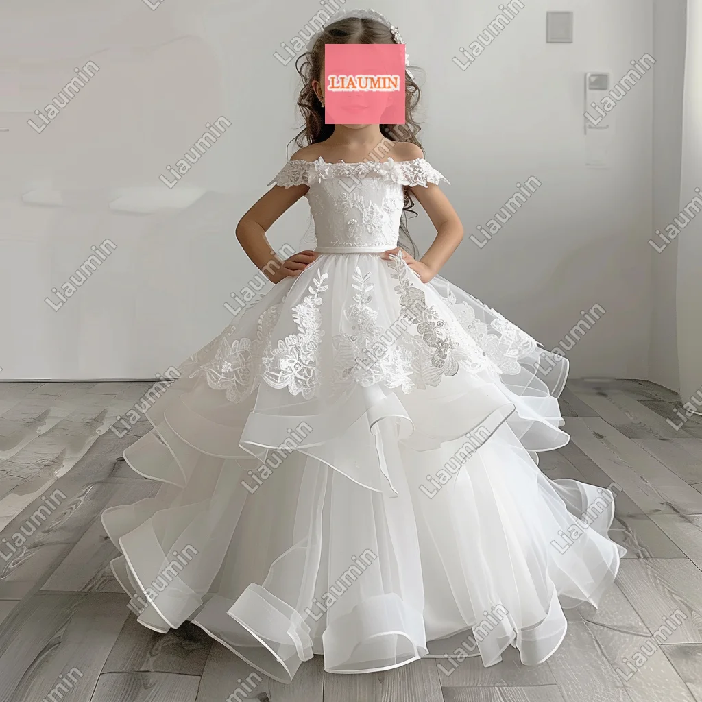 Custom Made Flower Girl Dresses, Off Shoulder Tulle, Princess Lace Applique, Primeira Festa de Comunhão, Concurso, Kids, W17-3.7