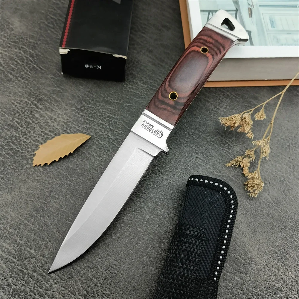 Tactical Portable Knife SANJIA K90 Full Tang Straight Fixed Blade Knife 5Cr13Mov Blade Wood Handle EDC Tools with Nylon Sheath