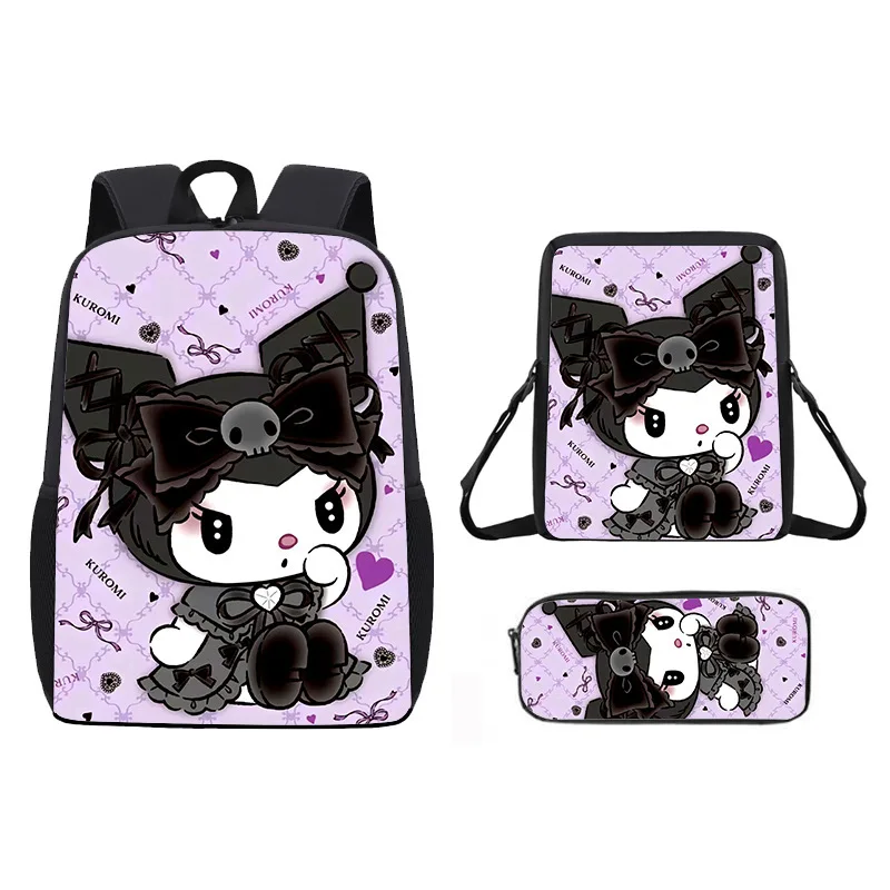 

Lolita Cute Sanrio Kuromi Backpack Crossbody Bag Pencil Case 3pcs Set Student School Bag Lightweight Large Capacity