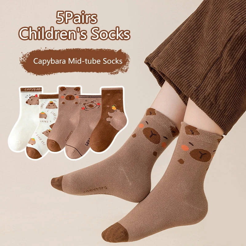 5 Pairs Cartoon Capybara Print Mid-Tube Socks Breathable Soft Casual Socks Unisex Autumn Winter Coffee Keep Warm Mid-tube Socks