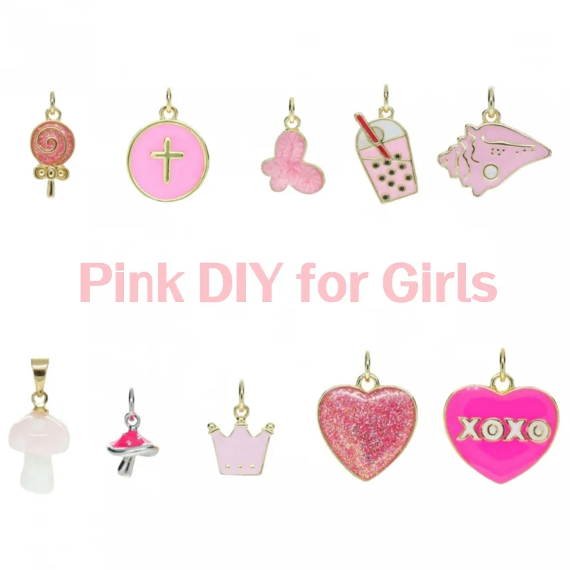 

10pcs Cute Pink Charms for Girls DIY Necklace Bracelet Keychain MilkTea Mushroom Butterfly Crown Conch Pendant Jewelry Accessori