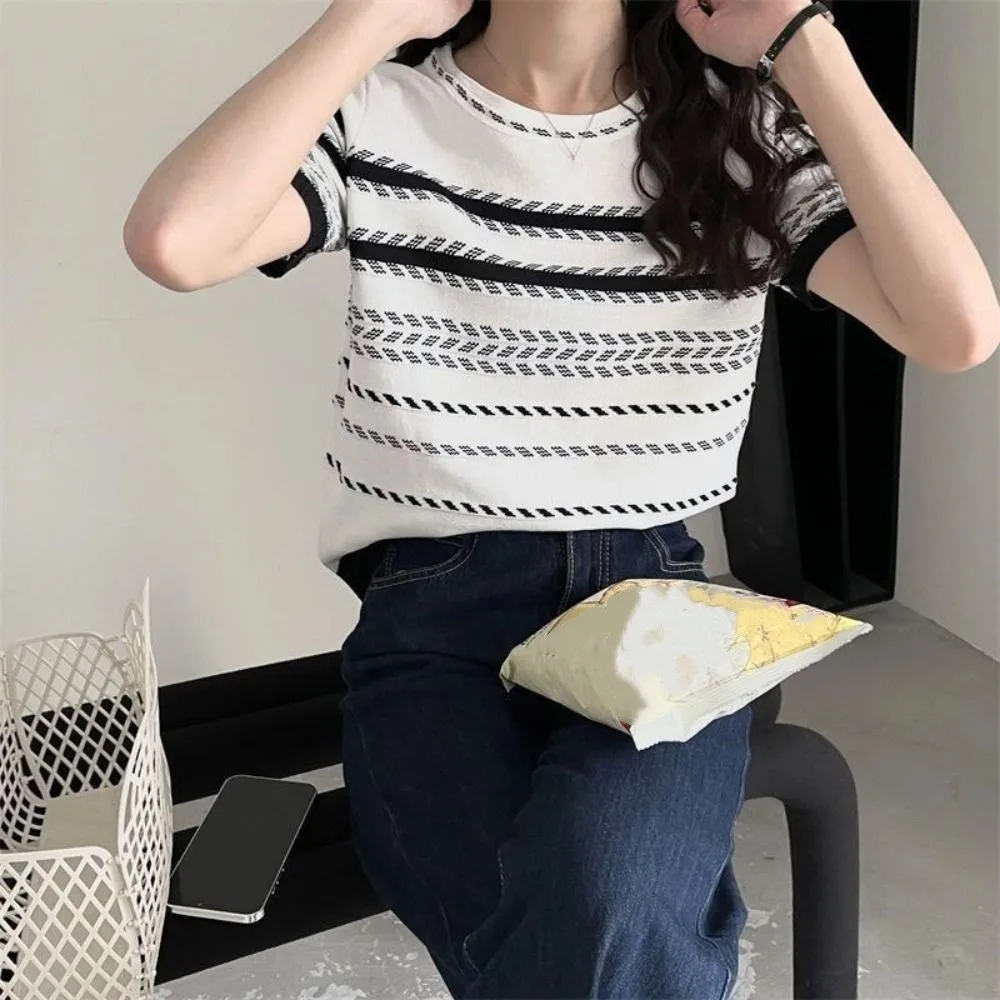 

Fashion Ins Short Sleeve Crop Top Loose Summer Stripe Knitted T-shirt Female Clothing Bottoming Shirt Knitwear Women Female