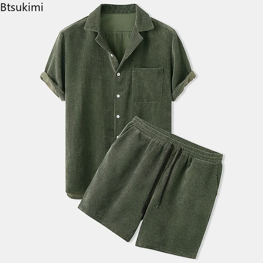 New 2024 Summer Men Corduroy Shorts Sets Fashion Lapel Short Sleeve Shirts +Shorts Solid 2 Piece Set Mens Casual Sportswear Sets