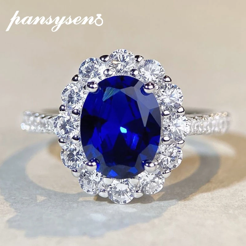 PANSYSEN Classic 925 Sterling Silver Oval Cut Blue Sapphire Citrine High Carbon Diamond Rings for Women Man Party Jewelry Gifts