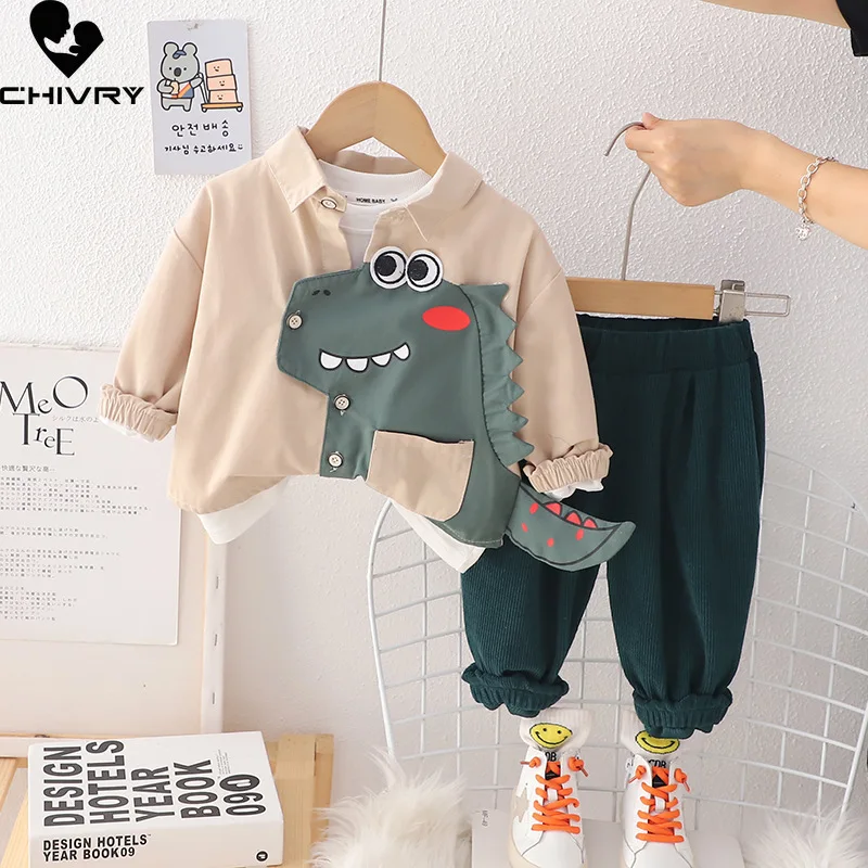 New 2023 Baby Boys Autumn Fashion Cartoon Dinosaur Lapel Jacket Sweatshirt with Pants Kids Fashion Three-piece Clothing Sets