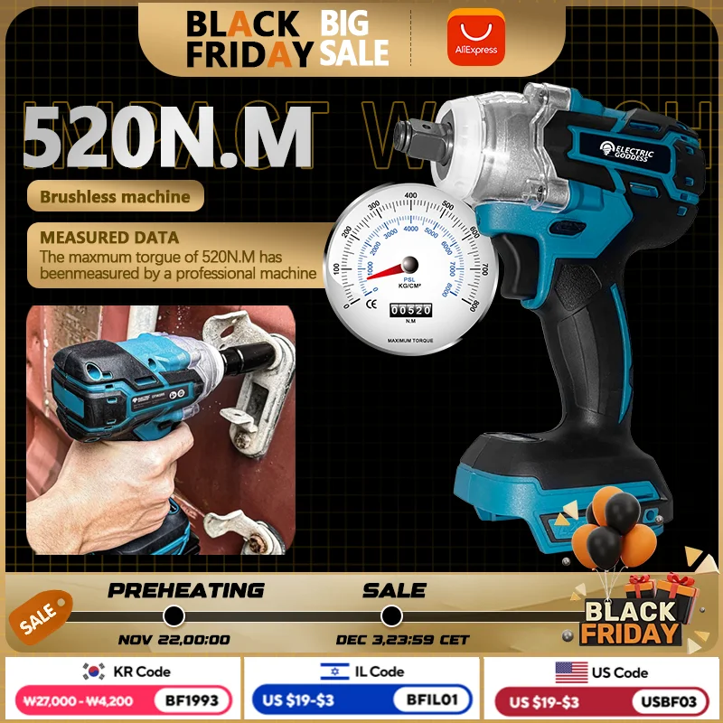 Electric Goddess 520N.M 2 IN 1 Brushless Electric Impact Wrench DTW285 Dual Function Cordless Power Tools For 18V Makita Battery