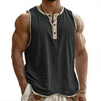 Top informal sin mangas con cuello henley para hombre, ropa de calle ligera y transpirable, ajuste holgado, cómodo, entrenamiento de gimnasio a la moda