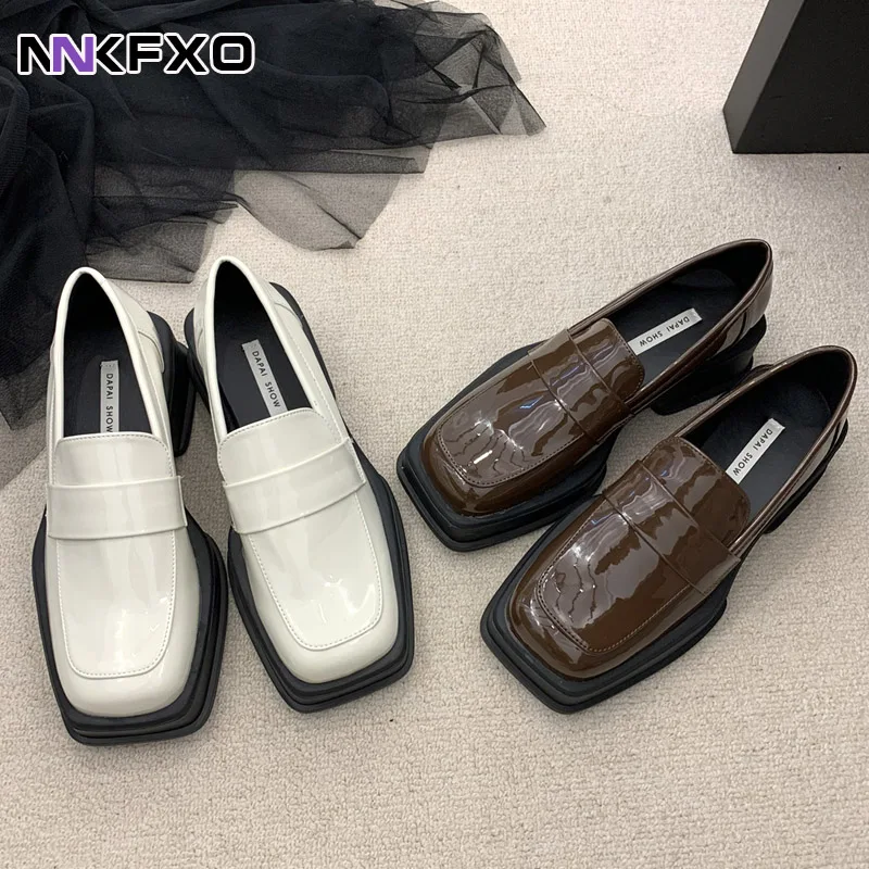 

British Style Casual Woman Shoe Black Flats Clogs Platform Oxfords Female Footwear spring Square Toe Soft Preppy Patent Leather