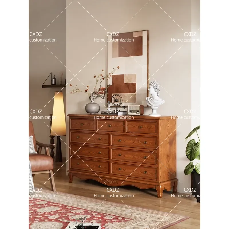 Solid Wood Chest of Drawers Retro Style Storage Cabinet for Living Room Bedroom Bedside Six or Nine Drawer Organizer Against
