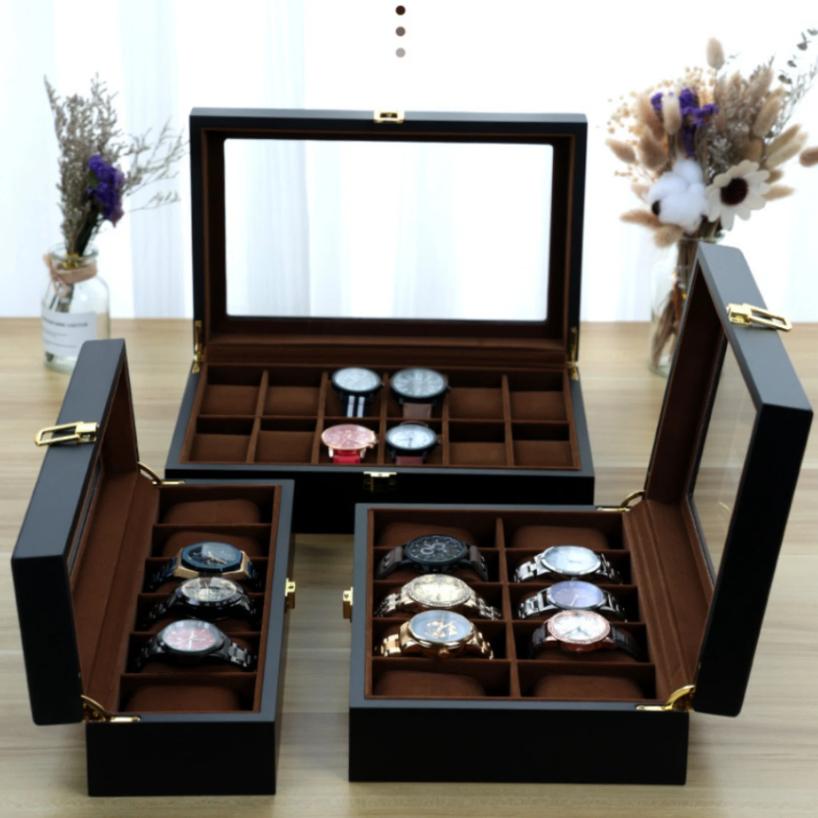Watch Storage Box Cushioned Compartments Watch Organizer Box Matte Black Clear Window