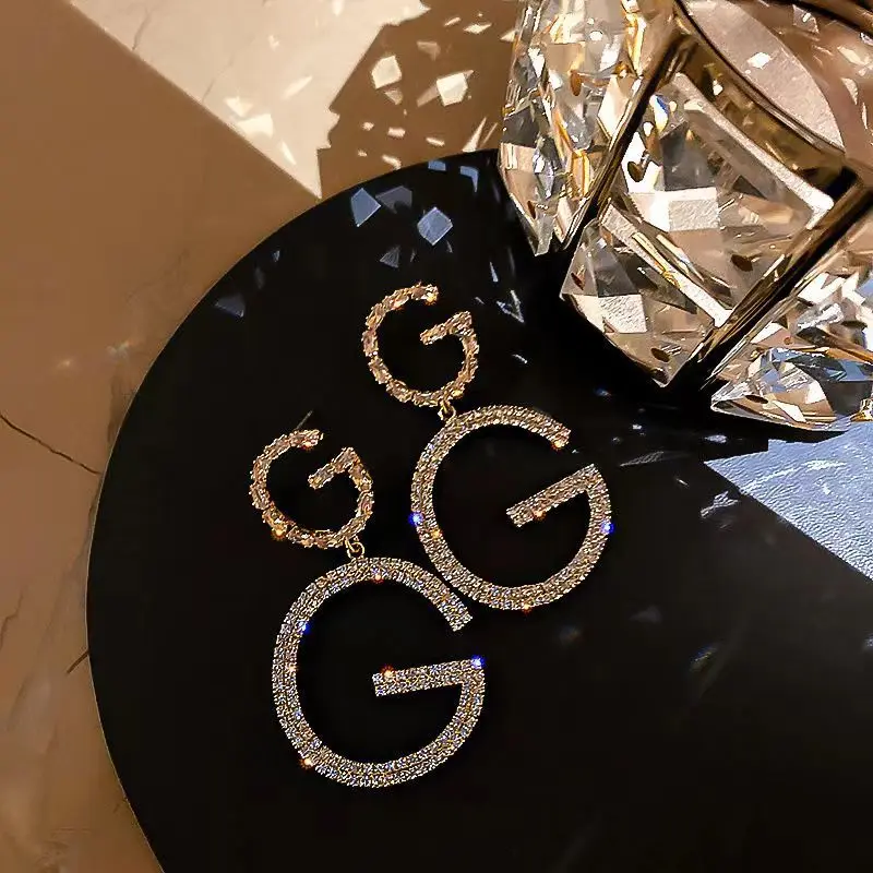 2023 New Korean Fashion New Advanced Letter G Earrings with Rhinestones Fully Inlaid Personalized Earings for Women