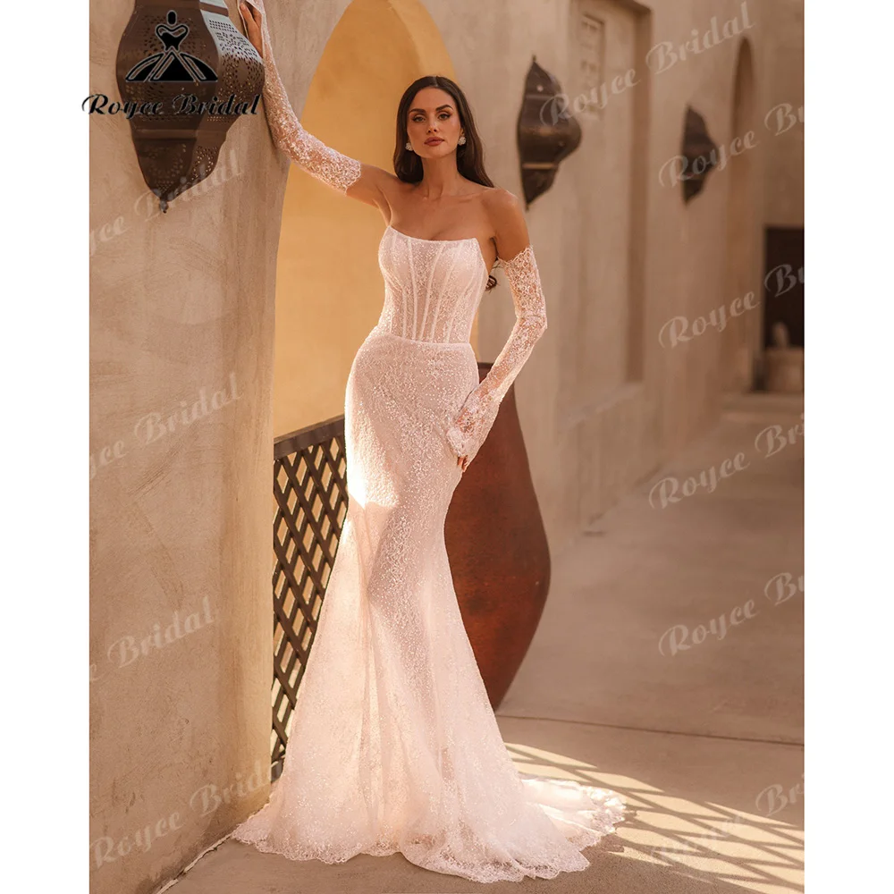 Strapless Corset Mermaid Wedding Detachable Long Lace Sleeves Sparkle Sequin Sheer Fitted Vestido De Novia Customized