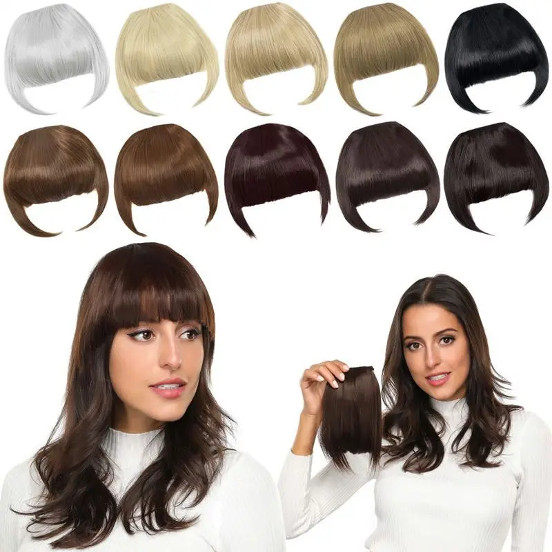 Natural Straight Synthetic Blunt Bangs High Temperature Fiber Brown Women Clip-In Full Bangs With Fringe Of Hair 6 Inch Leeons