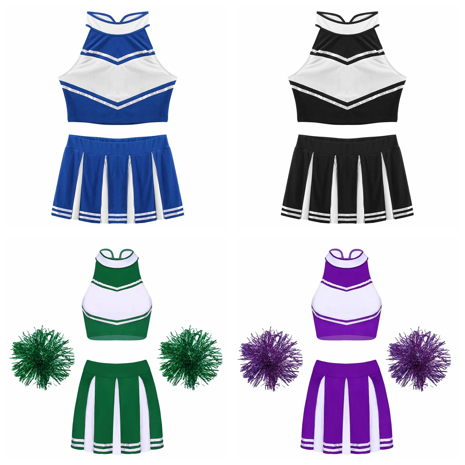 Women Cheerleading Cheerleader Uniform Outfit Cheerlead Crop Top Mini Pleated Skirt Japanese Schoolgirl Cheer Dance Costume