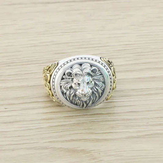 

Exaggerated men's sterling silver ring, domineering lion head, retro personality, punk rock, copper and silver jewelry, 925 silv