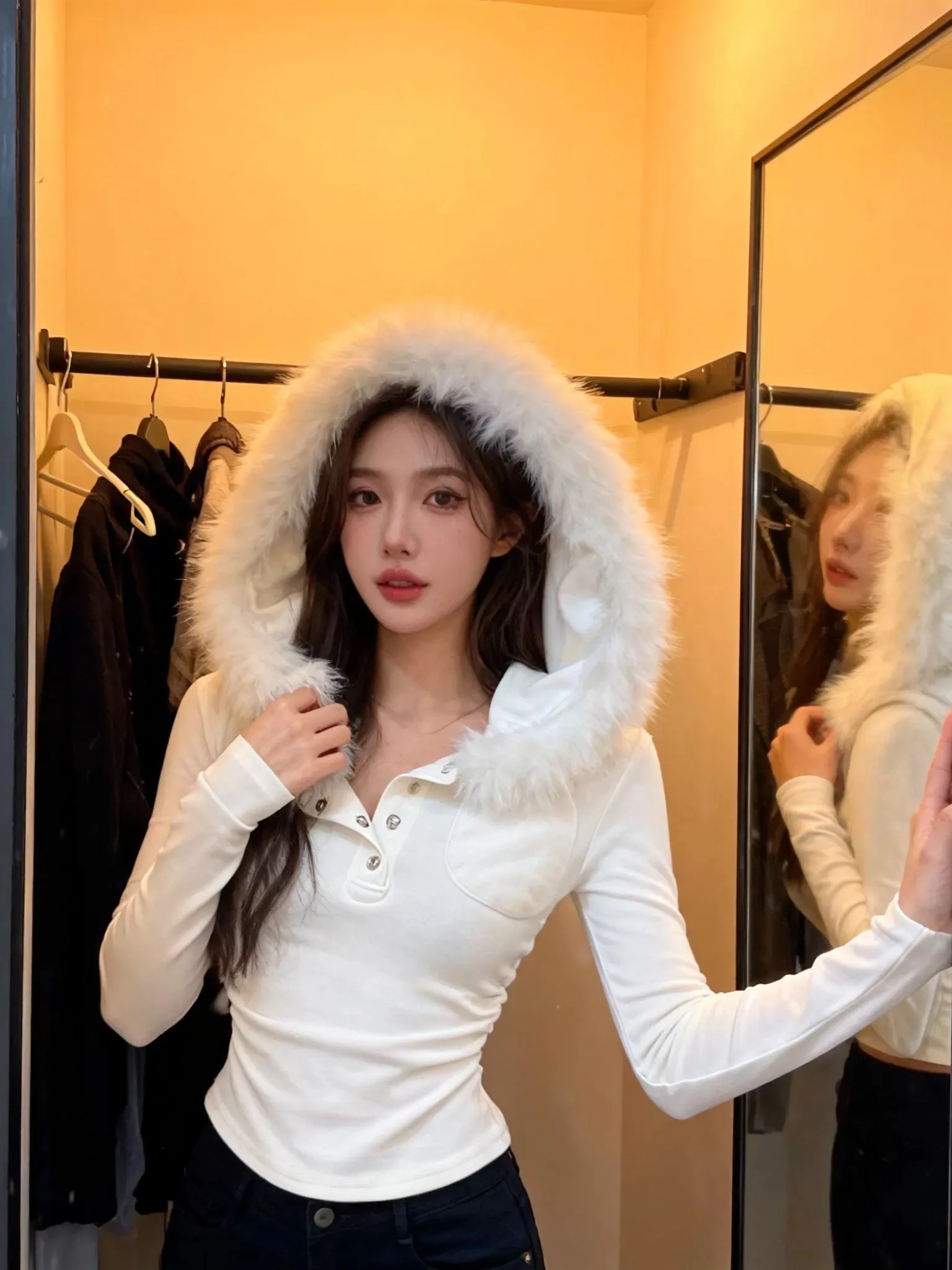 

Laid-ba Sle Long Sve футболка с капюшоном женское облегающее пальто топ корейская версия пикантная девушка базовый слой irt зима осень