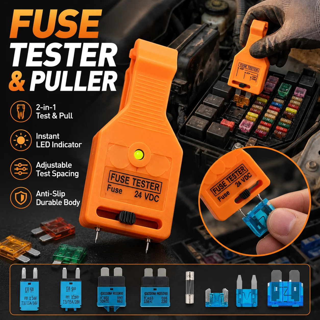 2In1 Car Fuse Tester Puller Tool Adjustable Spacing LED Indicator Anti Slip Durable Fuse Testing Remover For Circuit Maintenance