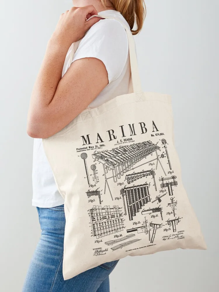 Bolsa de tela personalizada con diseño de patente vintage de instrumento musical de percusión para marimba, bolsa de compras para hombre