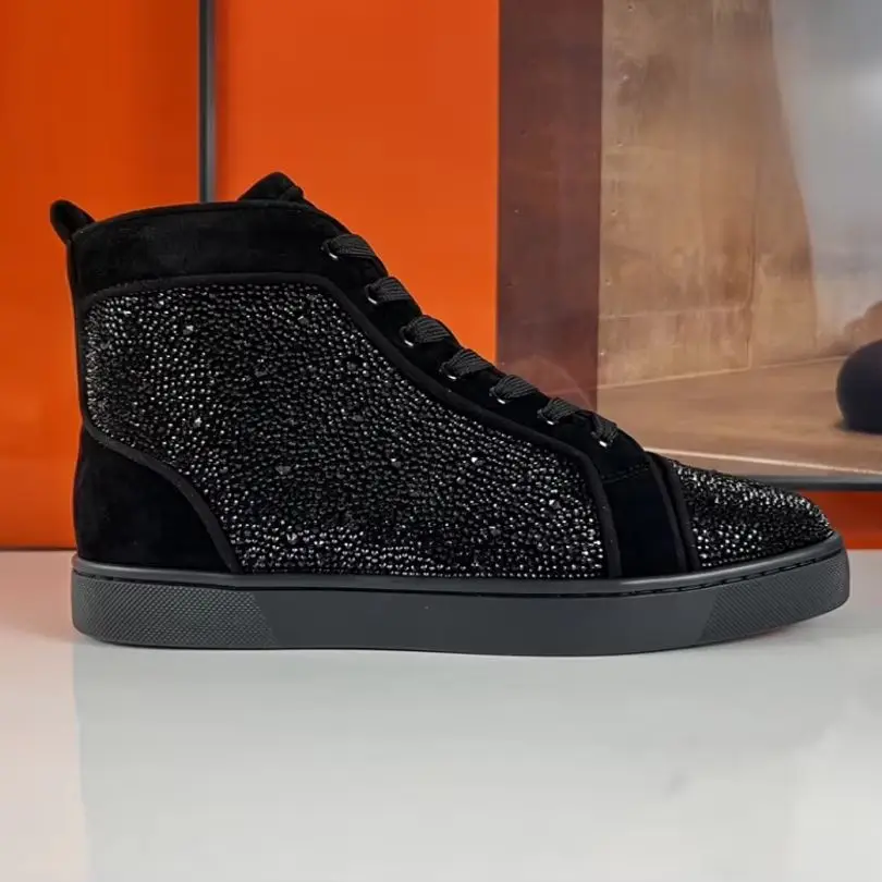Luxury Black Suede Leather Shoes Rhinestone Spiked Studded Footwear Lace Up Red Bottom Shoes For Men Wedding Casual Shoes