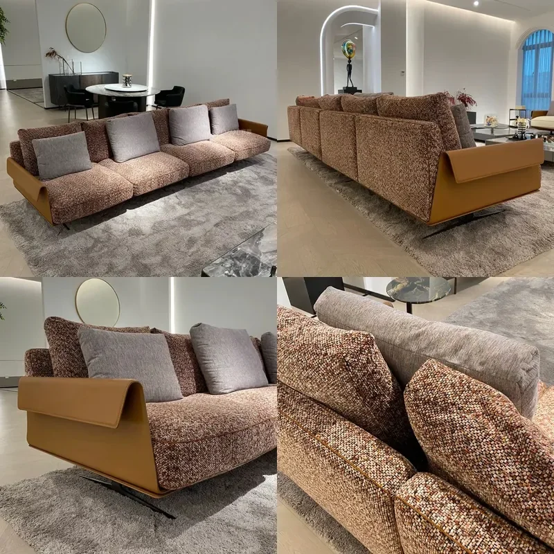 Modern Italian Fabric Sofa 4 Seater Straight Cotton Linen Down Filled Minimalist Leather Accent Couch for Small Living Room