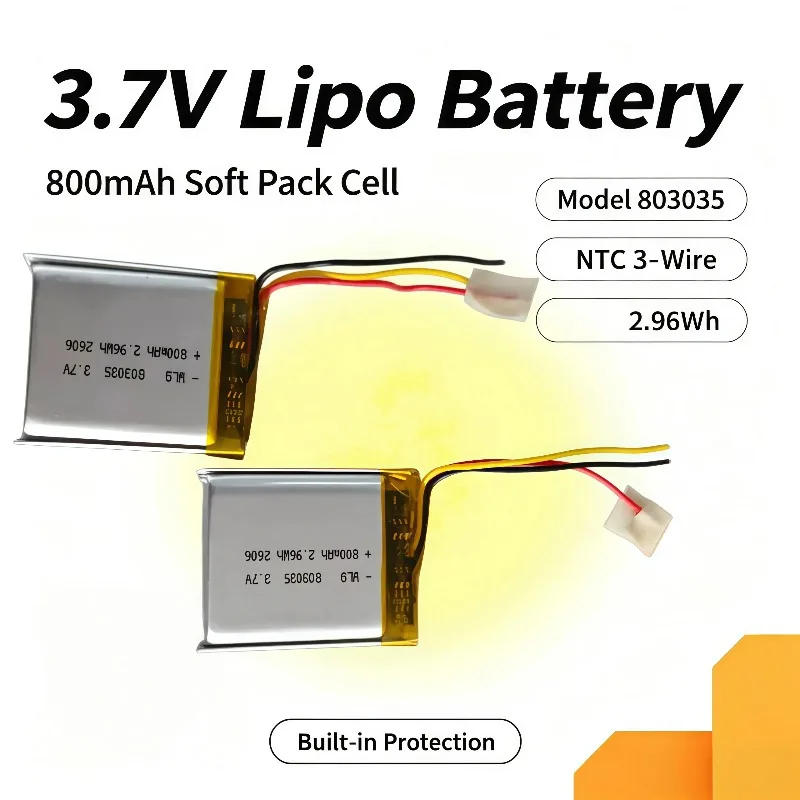 Compact Safe 803035 Lithium Polymer Battery 3.7V 800mAh High Endurance Rechargeable Power Cell For Outdoor Travel