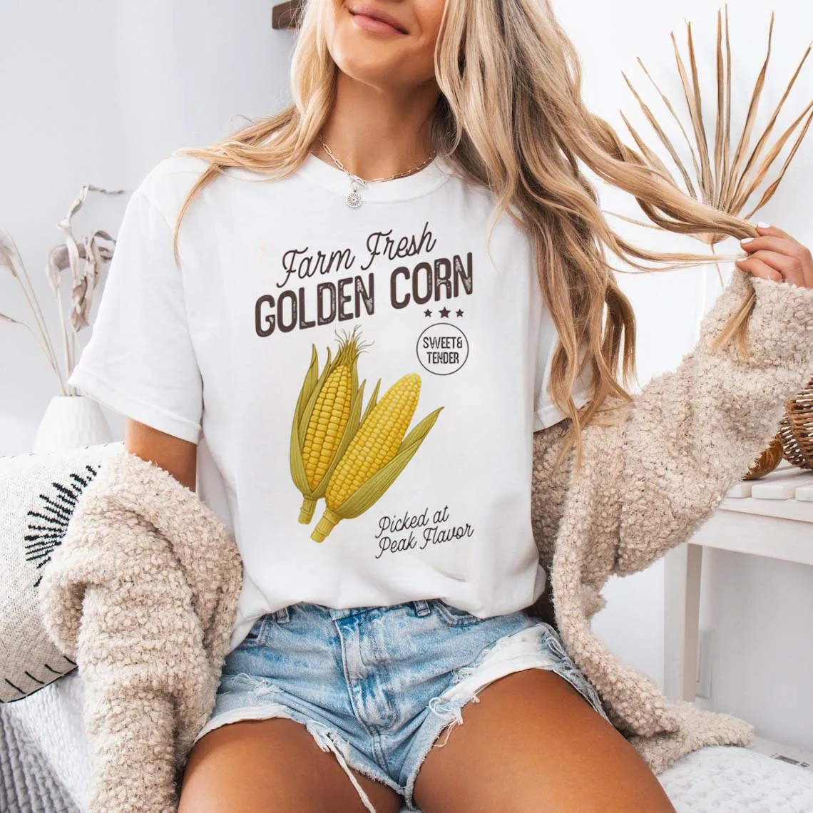 Farm Fresh Golden Corn Graphic T-Shirt Women's Trendy Fall Short Sleeve Regular Fashion Gift T-Shirt Women's Clothing T-Shirt