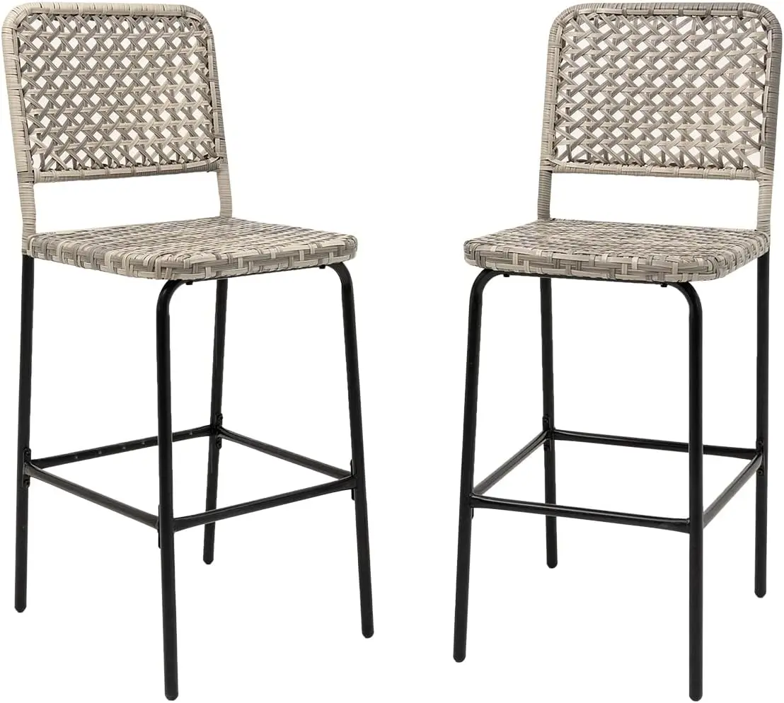 Sundale Outdoor Patio Bar Stools Set Of 2, Hand Woven Pe Rattan Hollow Back Armless Barstools For Deck Yard Porch, All-Weather