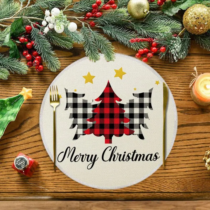 VIKAMA Cream Buffalo Plaid Tree Round Placemat Red Black Check Star Merry Text Farmhouse Xmas Table Mat Lightweight Soft Durable