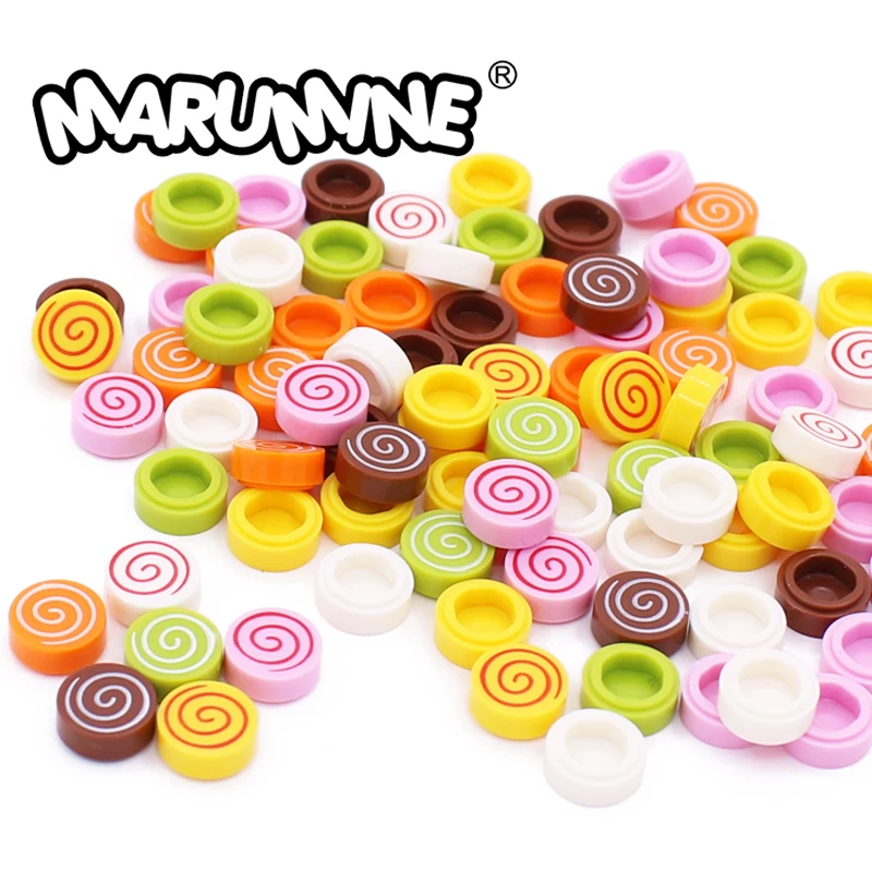 Marumine 98138 pb013 Tile Round 1x1 With Spiral Pattern Educational Building Bricks Toys for Children MOC Donut Lollipop Blocks