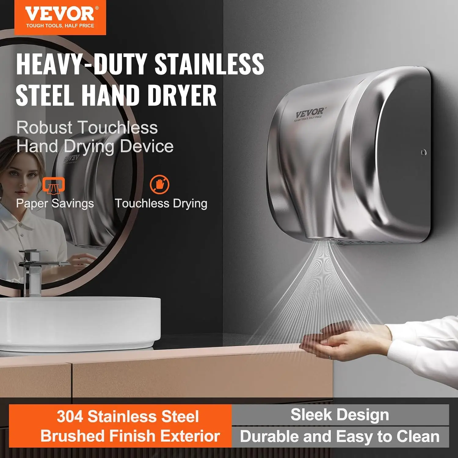 Heavy Duty Commercial Hand Dryer, 1300W Automatic High Speed Stainless Steel Warm Wind Hand Blower, 120V Plug in/Hardwired Two P