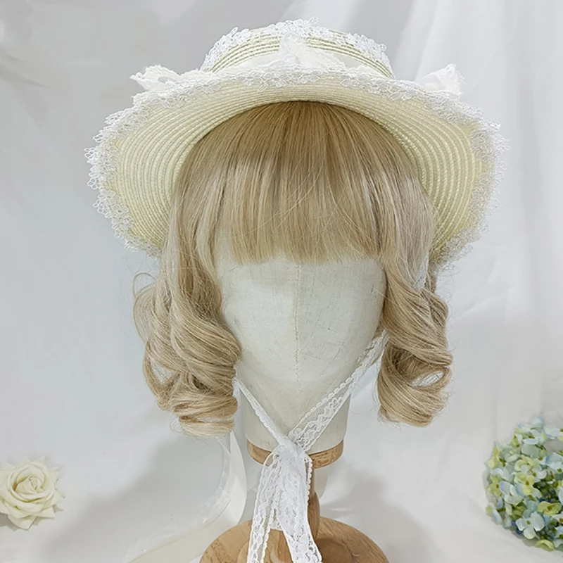 Chrysanthemum Straw Hat Bow Ribbon Sunshade Hat Lolita Girl Maid Cosplay Lace Pastoral Hat For Women Gift
