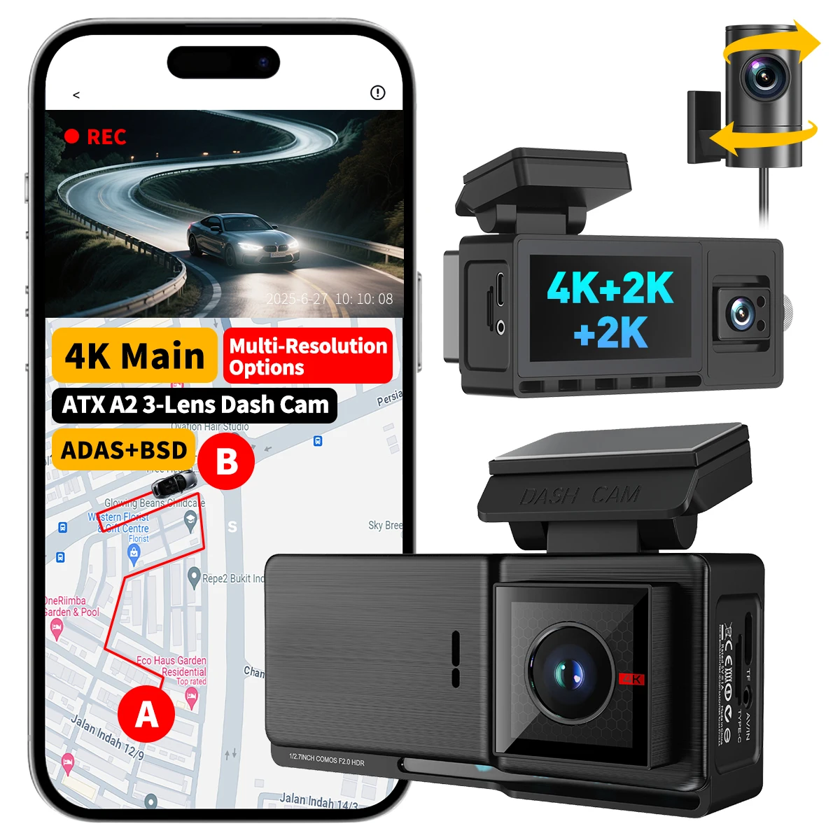 4K 3-Channel Dash Cam With GPS Night Vision WiFi Parking Monitor Front Inside Rear Car Camera-1 Year Warranty