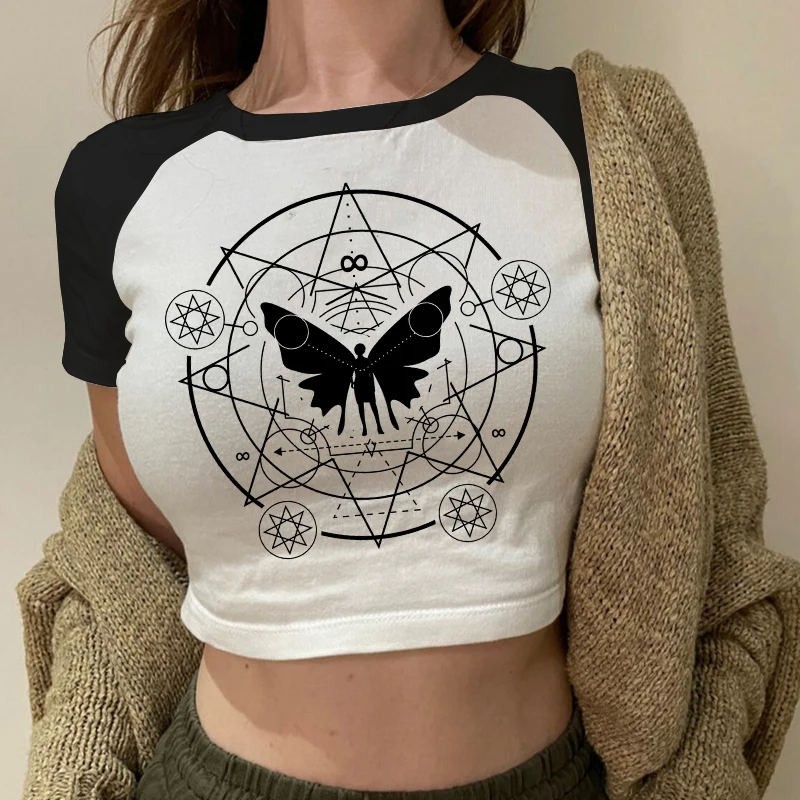 Y2k Fairy Grunge Emo Sexy Gothic Crop Top Vintage Harajuku Black Short Sleeve O-neck T Shirts Aesthetic Clothes Streetwear Tanks