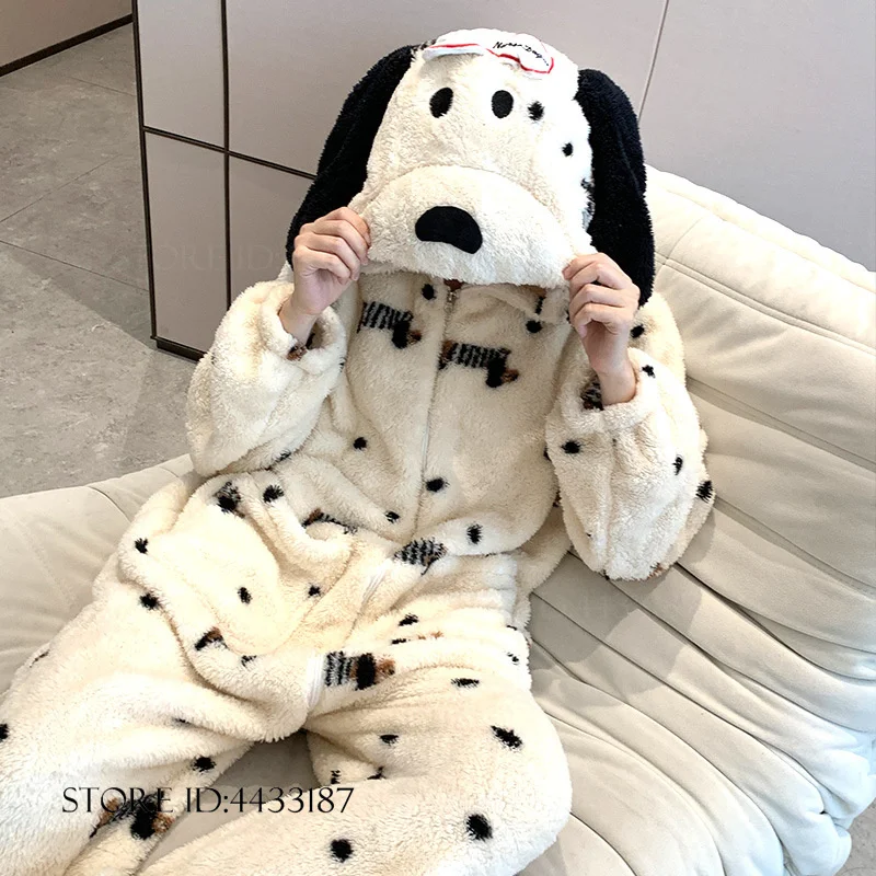 Verdickter Coral Fleece Jumpsuit Pyjama Kigurumi Herbst Winter Damen Schlafanzug Cartoon Hund Cosplay Kostüm Lustige Flanell Hauskleidung