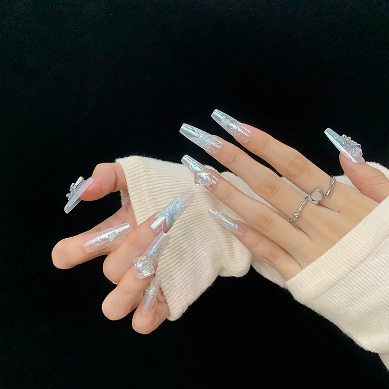 10 Stück lange t falsche Nägel handgemachte 3d Schmetterling drücken auf Nagel mit Metall Design weiß blau tragbare Maniküre für DIY gefälschten Nagel