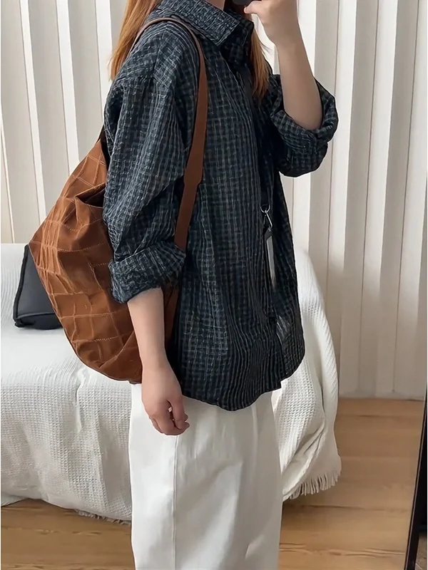 Blue Textured Bubble Shirt Jacket Men's Summer Sun Protection Long Sleeve Loose Collar ShirtLazy Feel Top for Youth