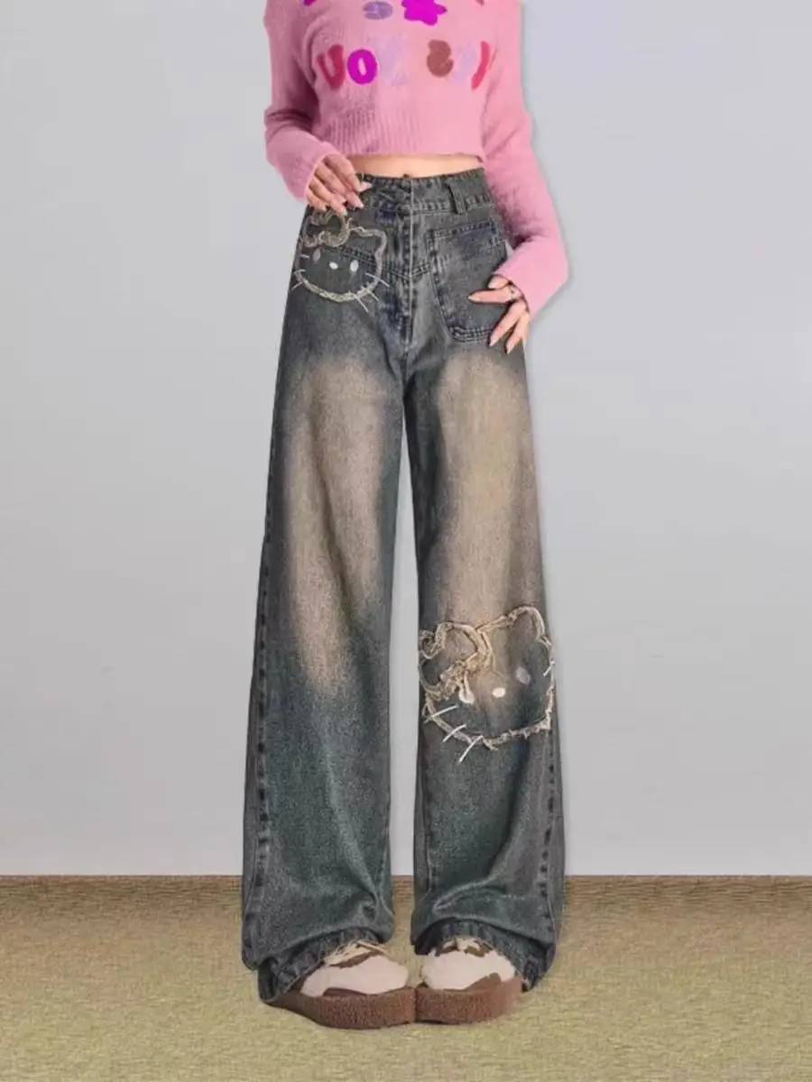 

Женские джинсы с вышивкой в стиле ретро-мультфильма, с высокой талией, прямые, широкие штанины, весенняя новинка, облегающие