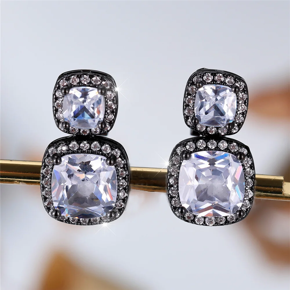 Große Weiße Zirkon-Clip-Ohrringe für Damen, Luxuriöser Kristallschmuck in Schwarzgoldfarbe, Runde Hochzeitsohrringe